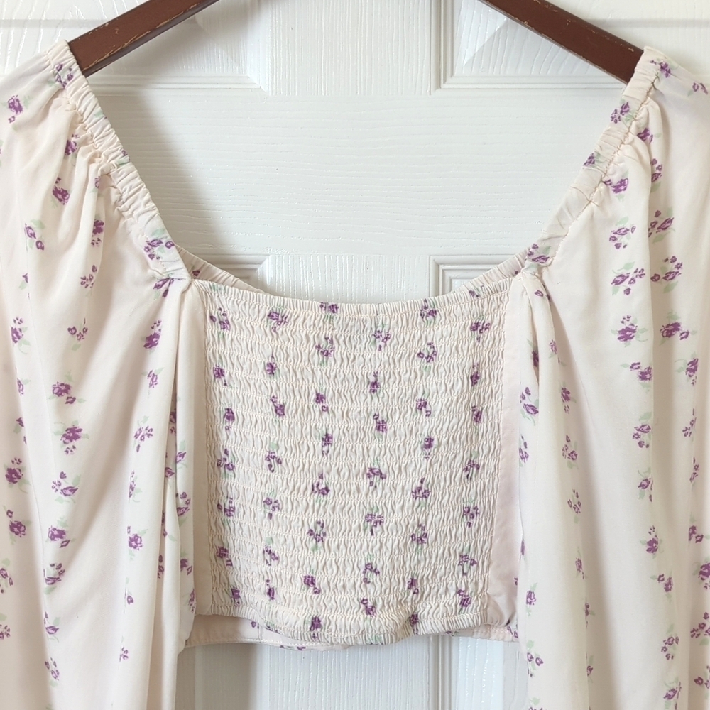 Wild Fable Boho Floral Quarter Balloon Sleeve Bustier Crop Top Cream Purple XS - Picture 11 of 11